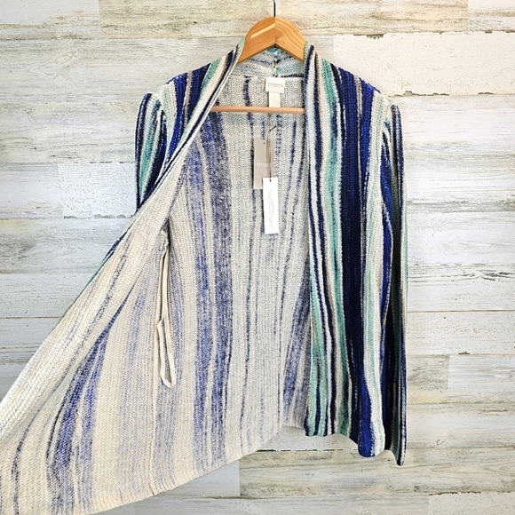 NWT Chico's Boho Linen Broken Stripe Cocoon Sweater Cardigan Medium Blue Cozy - Picture 13 of 16